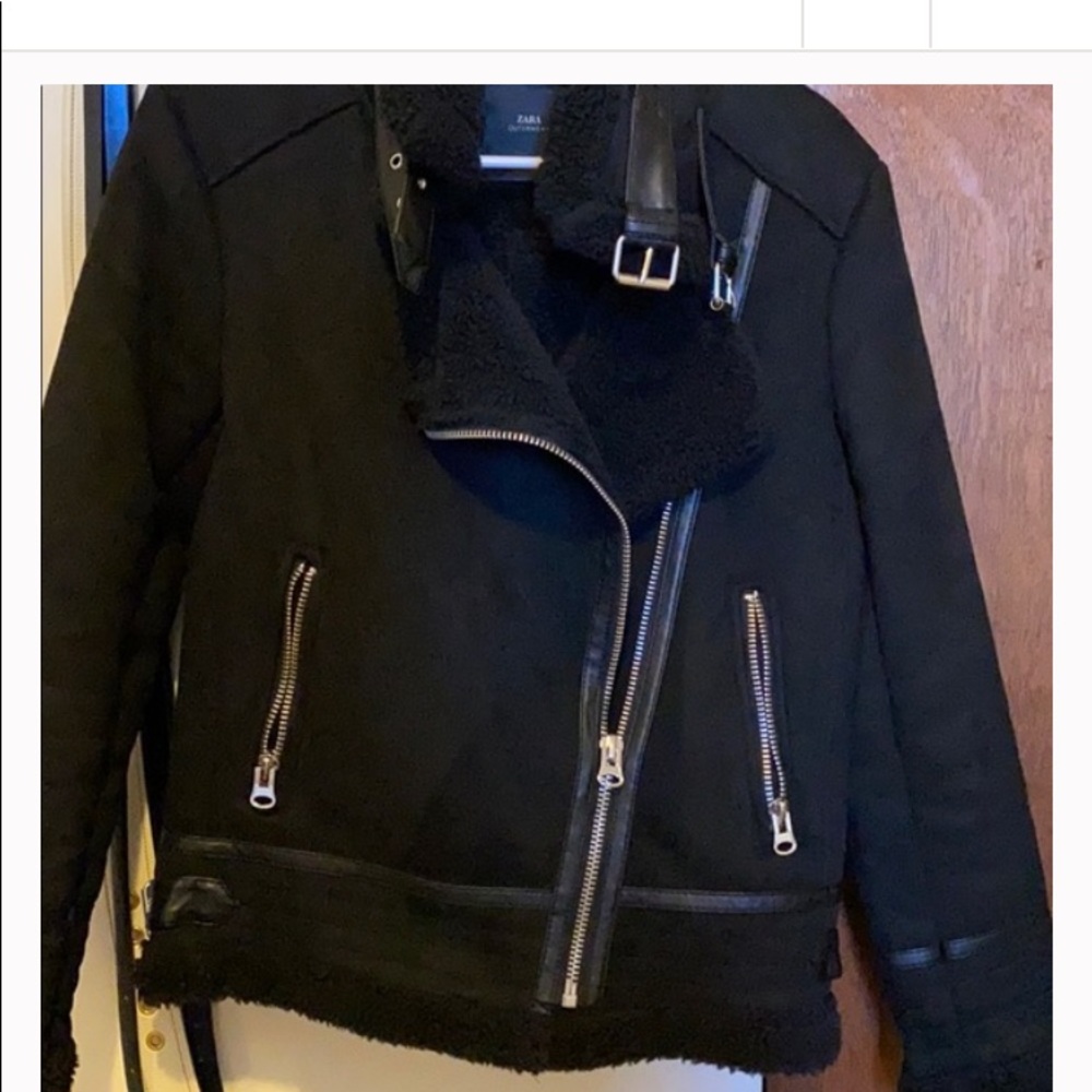 Zara Black Suede Shearling Biker Jacket